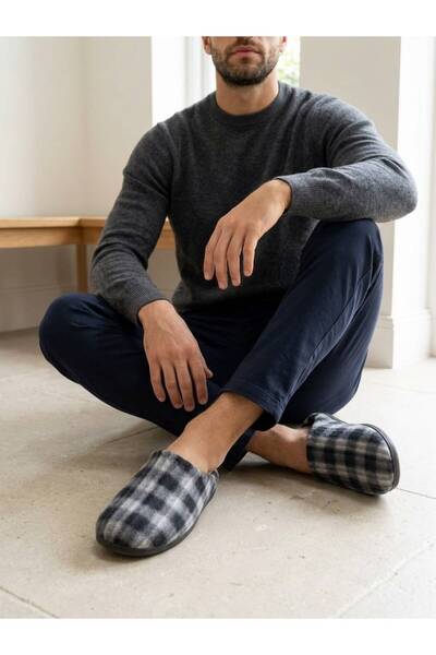 Keçev Men's House Slippers Plaid Felt Towel Soft