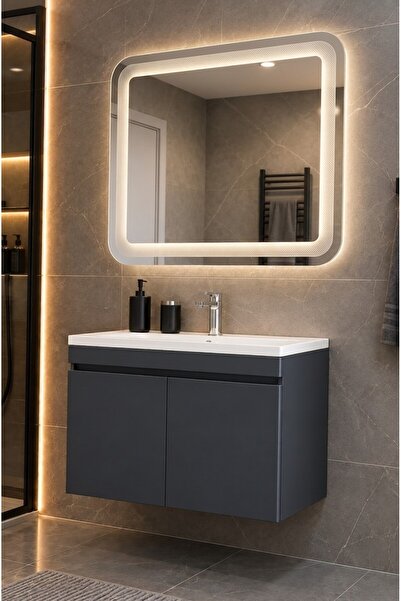 Genel Markalar 80cm antrasit banyo dolabı led aynalı