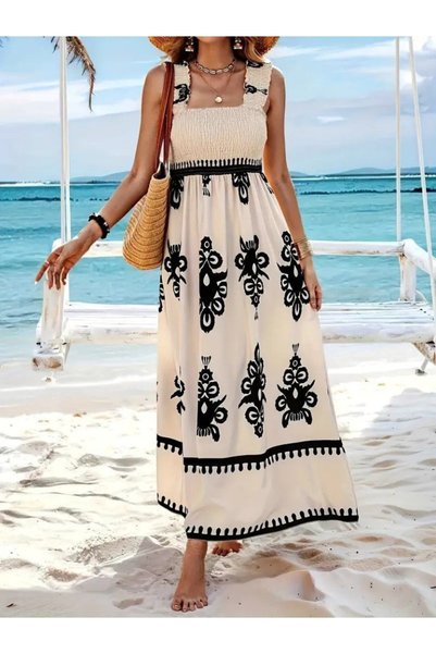 Generic Brand Women's Strap Square Neck Gipe Detailed Patterned Suprem Dress