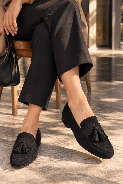 GNY AYAKKABI Gny Women's Black Suede Look Tasseled Loafer Moccasin Shoes