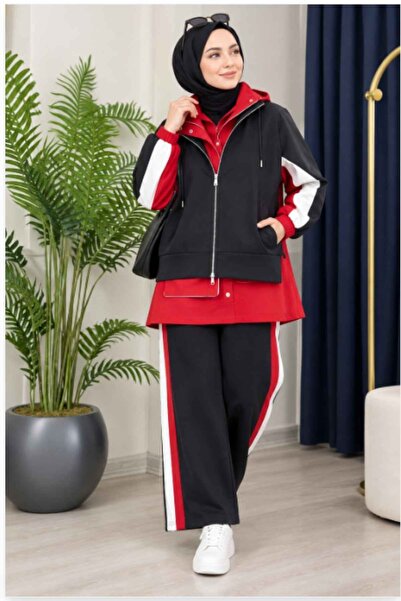 Hamra butik Şerit Detaylı katmanlı motion Spor Tesettür İkili Takım - Kırmızı