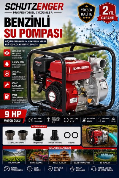 SCHUTZENGER 9 Hp 3 INÇ ÇIKIŞLI BENZİNLİ SU POMPASI 200 mt YATAY SU BASAR 4 ZA...