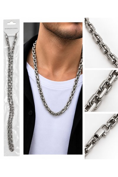 TGROUP Men's Silver Color Thick Chain Necklace Stainless Steel Cornered Ring ...