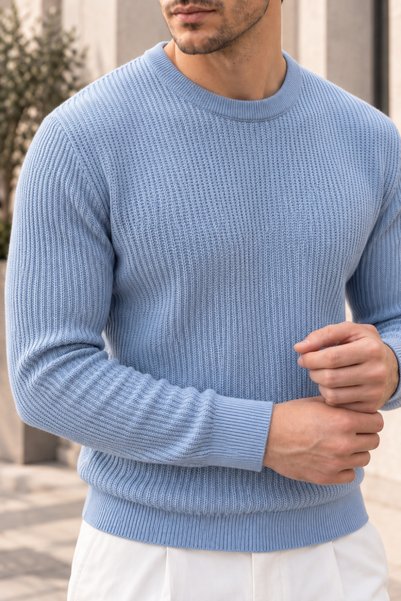 1434 Polo State Men's Vertical Textured Crew Neck Knit Sweater - Blue