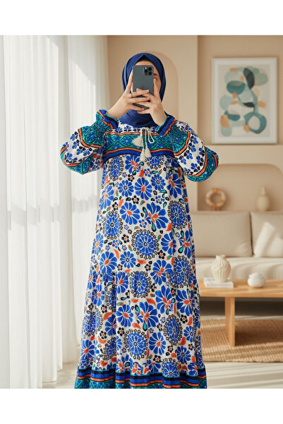 Modamorfo Women's Cobalt Blue Patterned Long Viscose Dress 1947