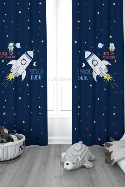 CİCİ ODAM Space Roket Astronot Ayıcık ve Gezegenler Uzay Çocuk Odası Perdesi ...