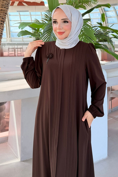 Hamra butik Rabia Göğüs Çiçek Broşlu Nervürlü Ferace 736 - Kahve