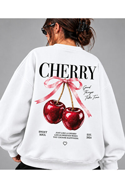 Revasser Unisex Kadın/Erkek CHERRY SWEATSHIRT Renkli Baskısız Oversize Bisikl...