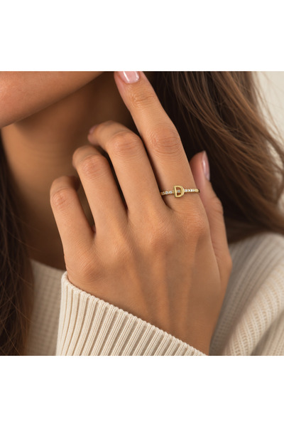 nerora Adjustable Minimal Letter Ring with Stone D Letter