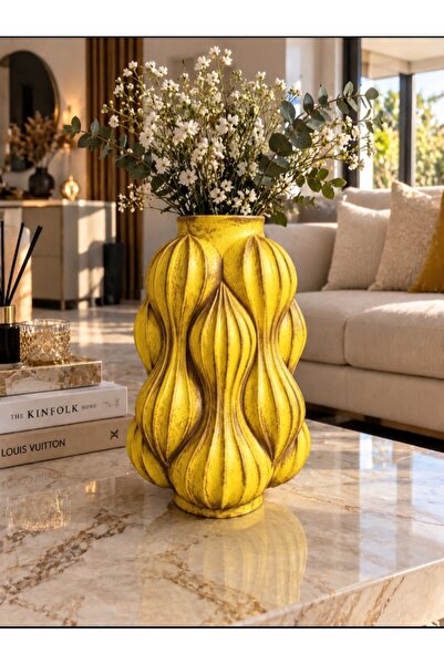 Limon Sarısı Eskitme Dekoratif Kabartmalı Vazo – 32 cm