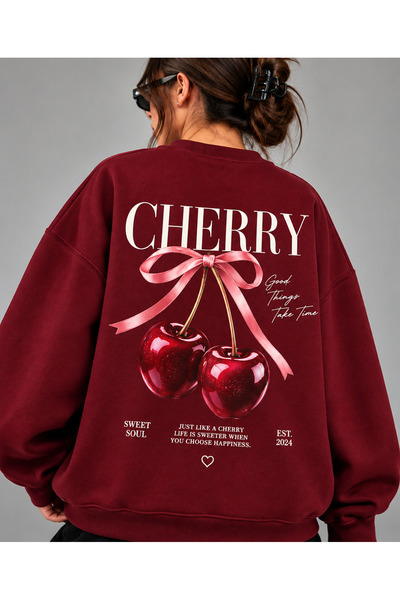 Revasser Unisex Kadın/Erkek CHERRY SWEATSHIRT Renkli Baskısız Oversize Bisikl...