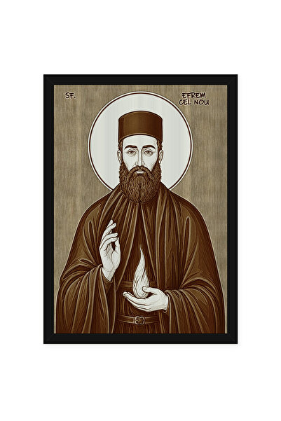 OEM Icoana Sfantul Efrem cel Nou pirogravata pe lemn, cu rama, 50 x 70 cm