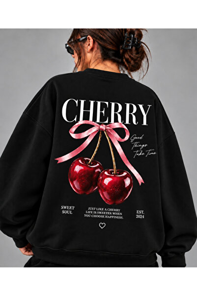 Revasser Unisex Kadın/Erkek CHERRY SWEATSHIRT Renkli Baskısız Oversize Bisikl...
