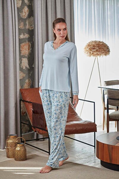Cossy By Aqua V Yaka Uzun Kol Desenli Büyük Beden Pijama Takımı CossybyAqua 2...