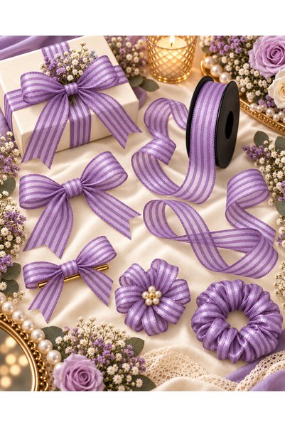kubbe tekstil aksesuar Lilac Striped Chiffon Ribbon 2.5 cm – 1 Roll 20 Meters – Decorative Bow, Gift Wrapping and Organizational Decoration Ribbon