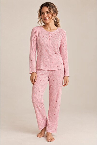 cotonhause Women's Long Sleeve Half Placketed Report Interlock Pink Pajama Se...