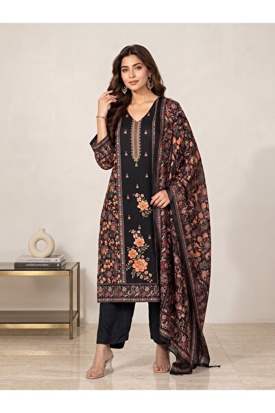 Generic Brand Women Black Floral Print 3-Piece Suit with Embroidered-Look Border