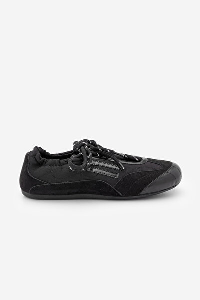 Marjin Kadın Süet Dokulu Mary Jane Çok Parçalı Büzgü Detaylı Bağcıklı Retro Günlük Babet Sneaker Varemi Siyah Süet