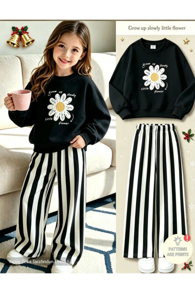 RÜYA KİDS KIZ ÇOCUK DESENLİ PAPATYA DESENLİ BİSİKLET YAKA SWEATTŞHIRT TAKIM
