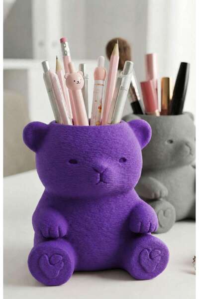 Generic Brand 3D Printed Cute Teddy Bear Pen Holder - Desktop Organizer - Purple