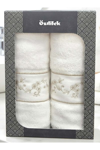 Özdilek -Daniela Beyaz- 2-Piece Towel with Gift Box Embroidered 2Nd Model (50X90)-Gold Glitter