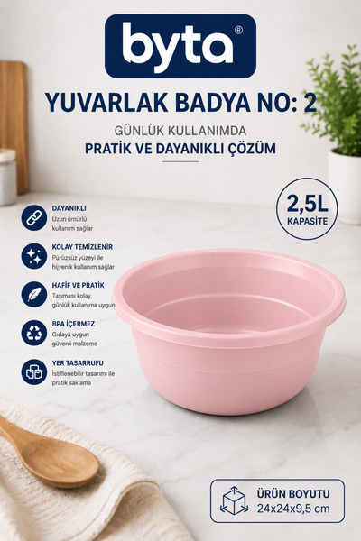 BYTA Plastik badya, plastik leğen, yuvarlak badya, 2,5 litre badya, mutfak ka...