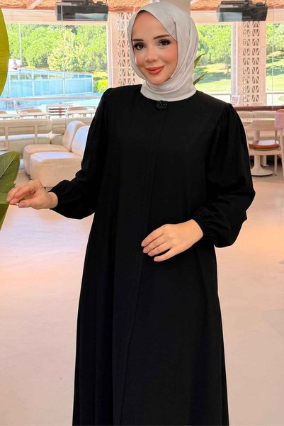Hamra butik Elit İpek Yaka Broşlu Ferace 6821 -Siyah