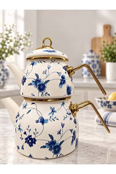 CASA DE BELLA Menekşe Desenli Emaye Çaydanlık Seti