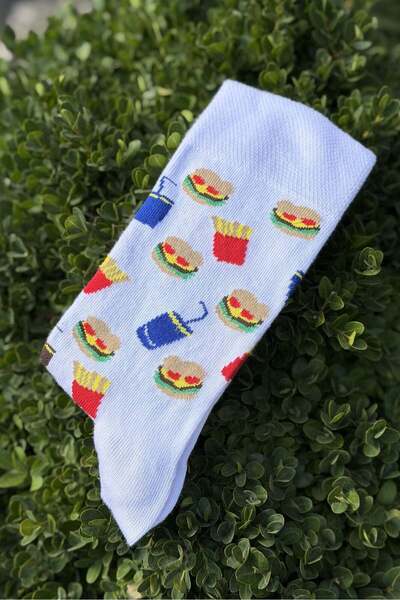 Unisex Fast Food Desenli Beyaz Soket Çorap