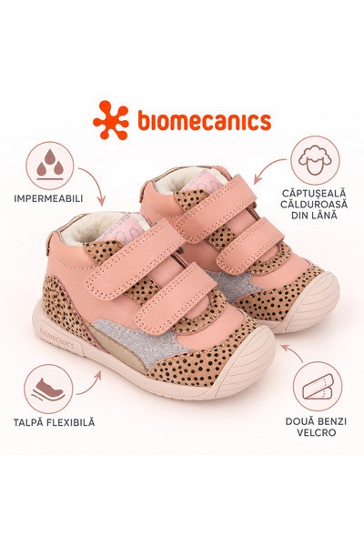 BIOMECANICS Ghete fete impermeabile, căptușite cu lână, velcro, roz cu buline