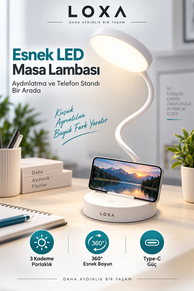 LOXA LED Masa Lambası Telefon Standlı 3 Kademeli Parlaklık Type-C Ders Çalışma Lambası