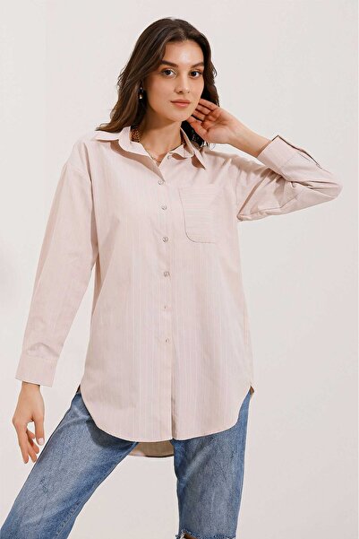 Modamorfo 20217 Striped Oversize Shirt with Pocket Detail - Beige