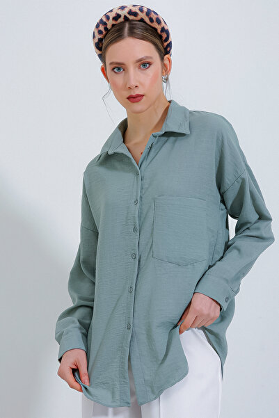 Modamorfo 20153 Single Pocket Oversize Linen Shirt - Mint