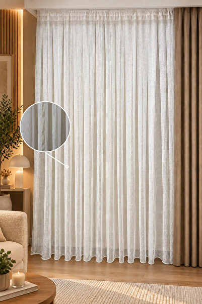 perhal perde ve halı 1-2 Sparse Pleated Thin Linen Textured Off-White Tulle C...