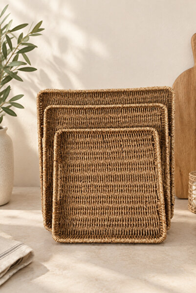 MİEN İç içe Geçebilen 3'lü Yuvarlak Plastik Rattan Tepsi Seti -Hasır Görünüml...