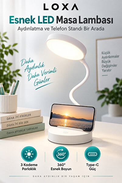 LOXA LED Masa Lambası Telefon Standlı 3 Kademeli Parlaklık Type-C Ders Çalışma Lambası