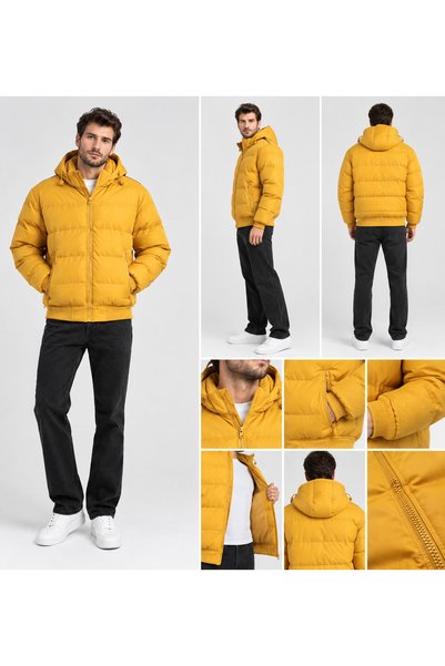 SHAYI Men's Hooded Puffer Coat Yellow Zipper Pocket Winter Coat