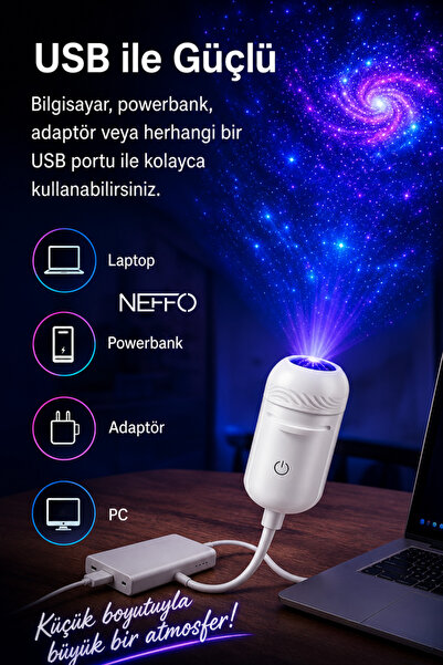 NEFFO USB Galaksi Projektör LED Gece Lambası 360° Ayarlanabilir 2’si 1 Arada Ambiyans Işık 2 Disk Hediyeli