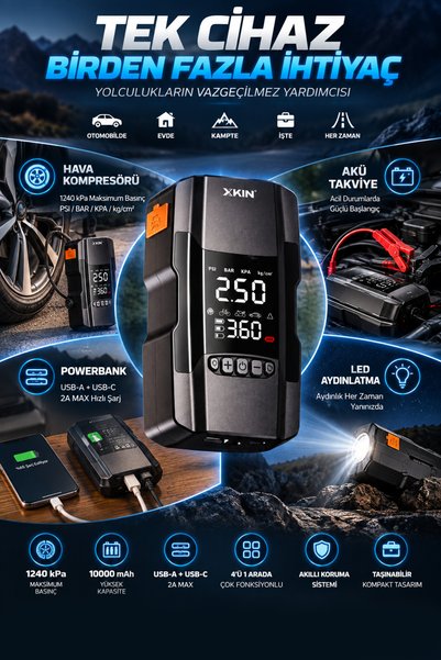 Merwish Akü Takviye Cihazı 10000 mAh 12V Dijital Hava Kompresörü Lastik Şişirme Powerbank LED Işıklı 4'ü 1 Arada