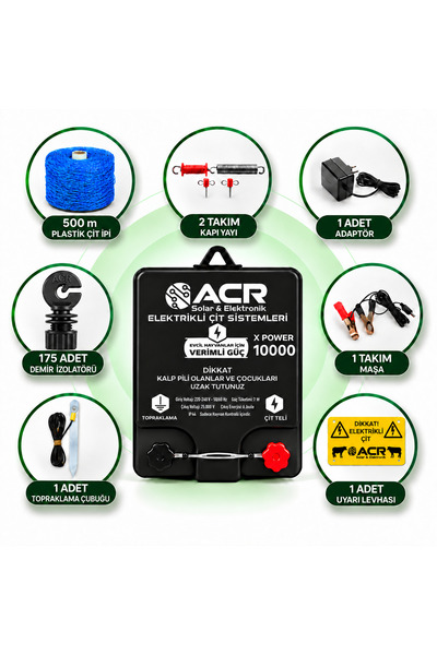 ACR GÜÇMATİK ÇİTMATİK ACR X Power 10000 Plus Fotoselli 1000 m²'ye Kadar Demir İzolatörlü Plastik Çit telli Elektrikli Çit Paketi