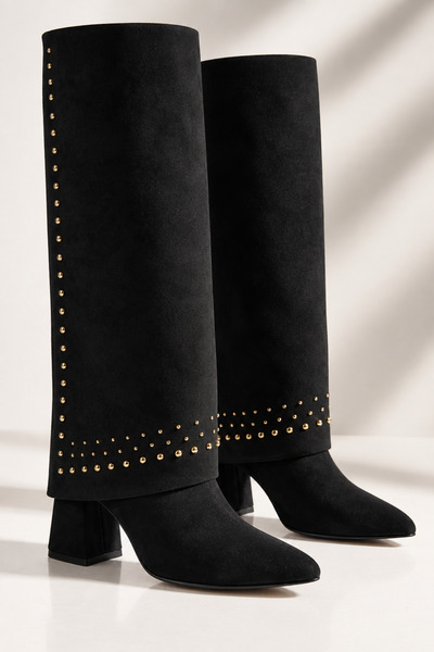 ZEVA COLLECTION Zeva Rivella Women's Below-Knee Boots Trok Detailed Pointed Toe Thick Heeled Zippered Daily Stylish Boots