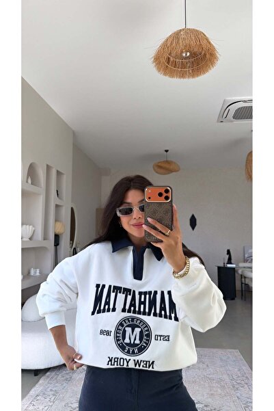 Buket Teke Ekru Kadife Yakalı Manhattan Nakışlı Şardonlu Sweatshirt