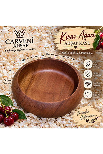 Carveni 3'lü Kiraz Ağacı Ahşap Kase Seti | 16 cm El Yapımı Doğal Kuruyemiş ve...