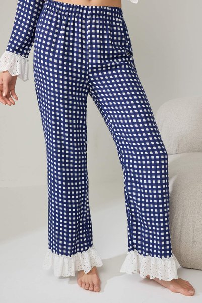 Laperissa Navy Blue Gingham Viscose Woven Pajama Set