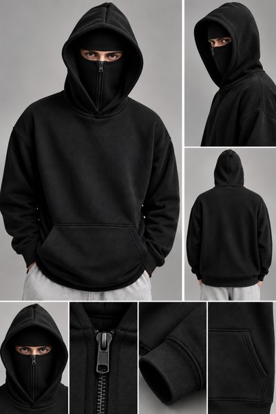 LOTS MODA Hanorac unisex supradimensionat cu glugă și mască, cu fermoar, cu i...