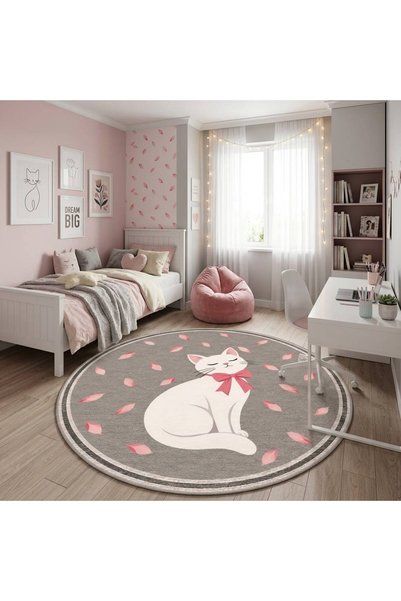 dekorug Pati Dostu Kedi Desenli Dijital Baskı Pamuk Dokuma Kaymaz Taban Salon...
