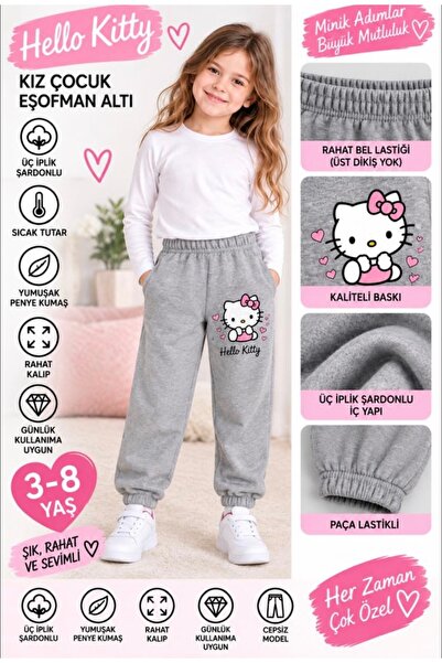 TPN KİDS Kız Çocuk Hello Kitty Baskılı Üç İplik Şardonlu Eşofman Altı (3-8 Yaş)