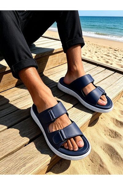 Almajeed Store Men's PU Leather Slide Sandals, Double Adjustable Straps, 3cm ...