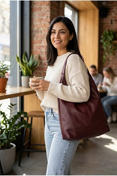 Baguar Women's Burgundy Color Large Size Shoulder and Tote Bag - Large Volume
