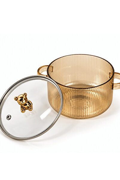 Jenisa 1.7 L Amber Borosilicate Glass Pot – Heat-Resistant Pot with Glass Lid and Gold Teddy Bear Detail